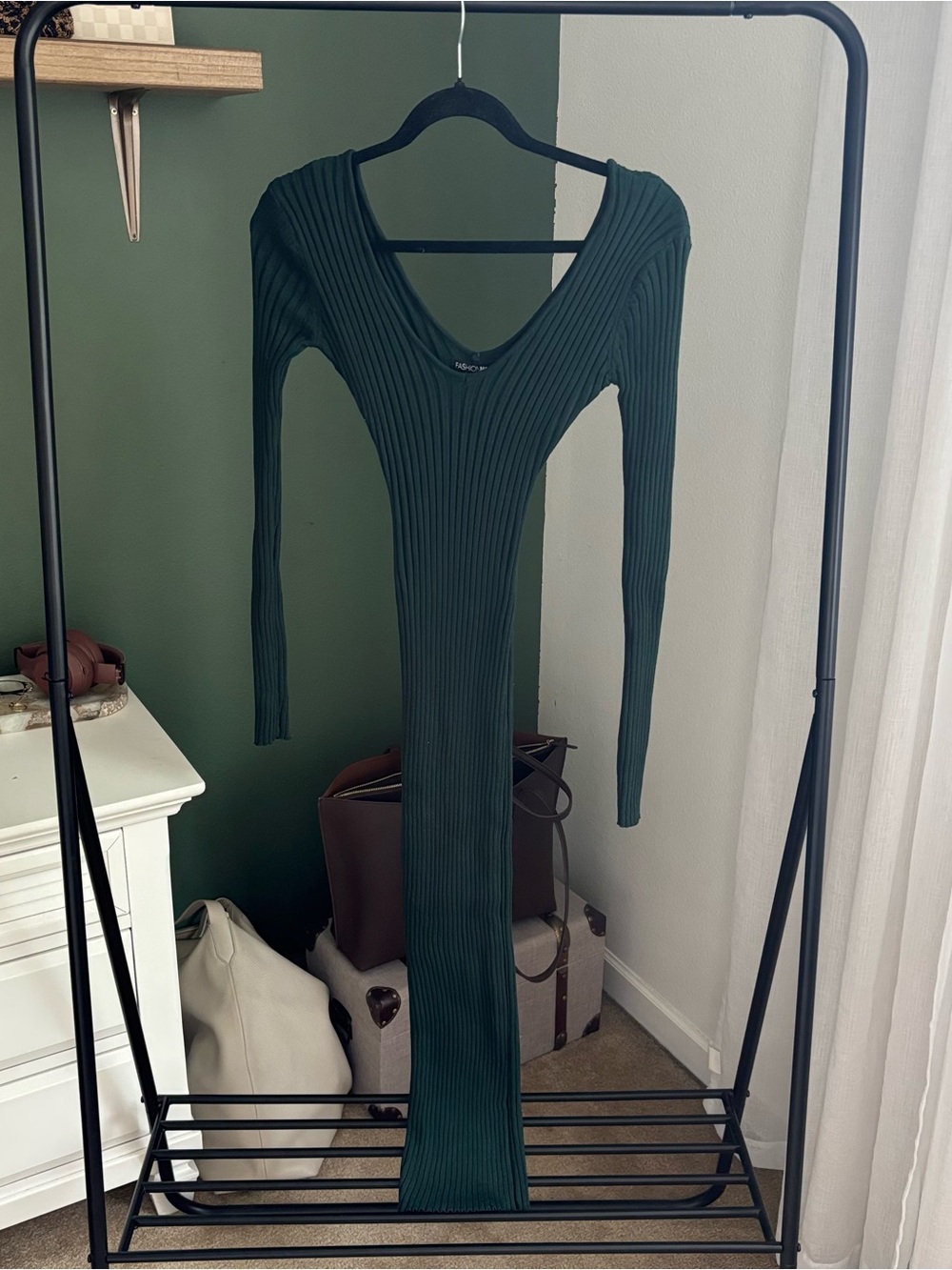 Ribbed Long Sleeve V-Neck Midi Dress - Dark Green